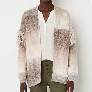Frye & Co. Open Front Fringed Cardigan Sweater Space Dye Ombré Tan Pink Cream XL